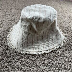 Cream Striped Bucket Hat Frayed Brim Casual Boho Festival Accessory beach women
